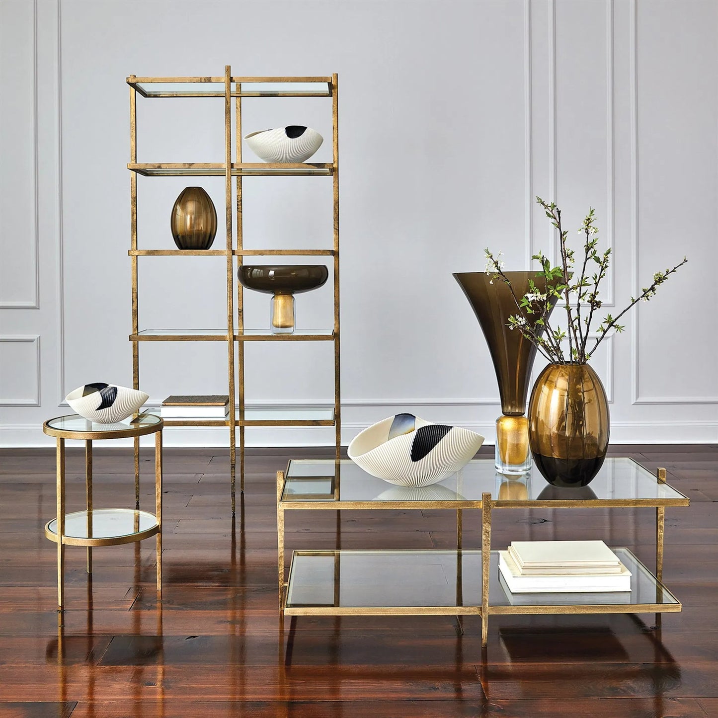 002 SR-701516 | Lifestyle | Laforge Etagere by Global Views in antique gold. Made from iron, tempered glass in a transitional style.