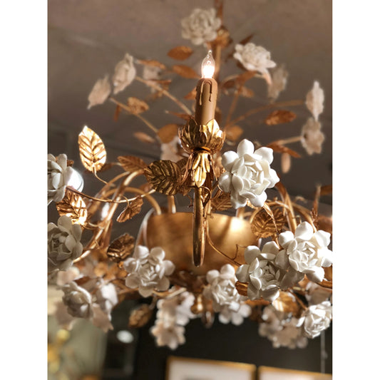Queensland Chandelier by Chelsea House in antique gold, white. Made from iron, ceramic in a traditional style.
