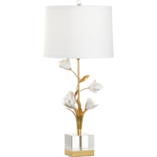 001 SR-384148 | Primary Silo | Tulip Lamp by Chelsea House in antique gold leaf, matte white glaze, clear. Made from iron, porcelain in a transitional style.