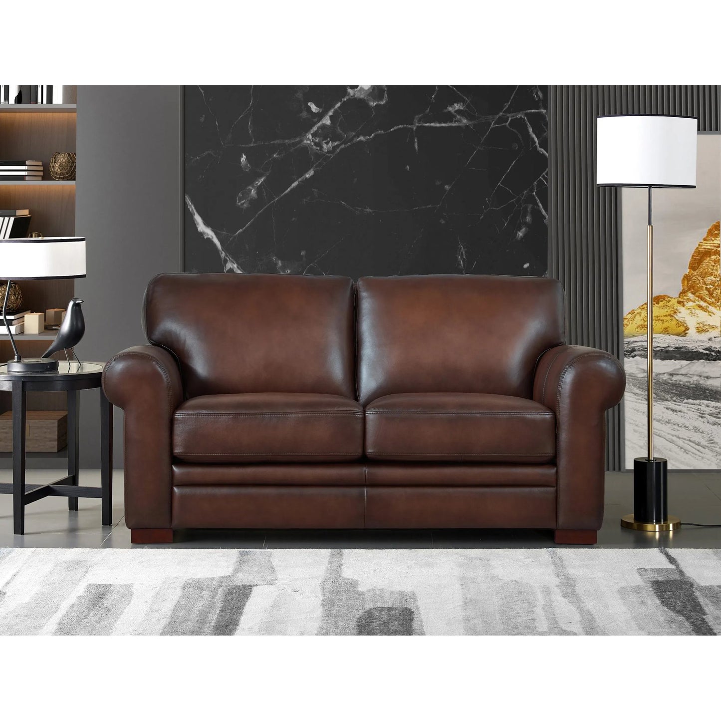 008 SI-2095624 | Lifestyle | Brookfield Loveseat by Hydeline in caramel brown. Made from leather in a transitional style.