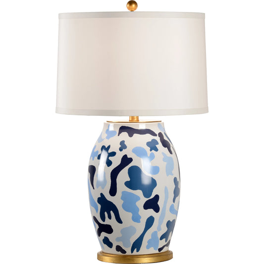 St. Germain Lamp by Chelsea House in blues, white glaze, antique gold leaf. Made from ceramic in a modern style.