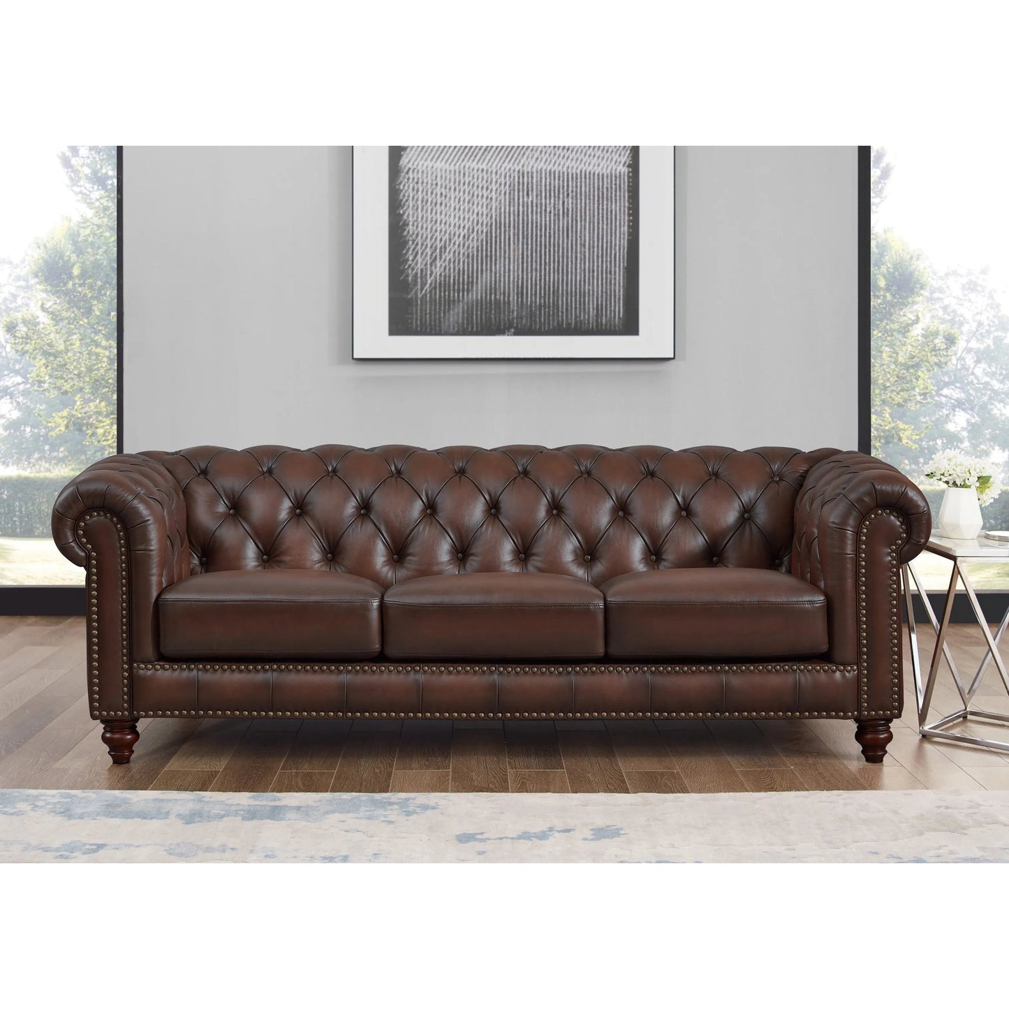 005 SI-2379343 | Lifestyle | Alton Bay 3-Seat Leather Sofa by Hydeline in caramel brown. Made from leather/split, solid hardwood kiln dried in a traditional style.
