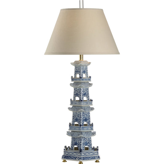 Pagoda Lamp by Chelsea House in blue, white glaze. Made from ceramic in a modern style.