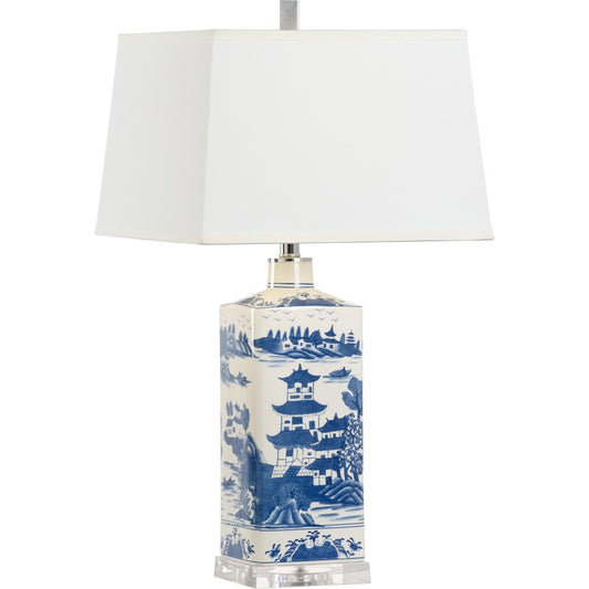 Square Blue and White Lamp by Chelsea House in blue, white glaze, clear. Made from ceramic in a eclectic & global style.