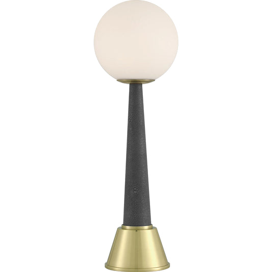Sortie Cordless Table Lamp by Currey and Company in polished brass, milk. Made from metal, glass in a modern style.