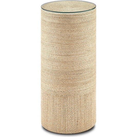 Macati Accent Table Pedestal by Currey and Company in natural rope, clear. Made from rope, wood, glass in a coastal style.