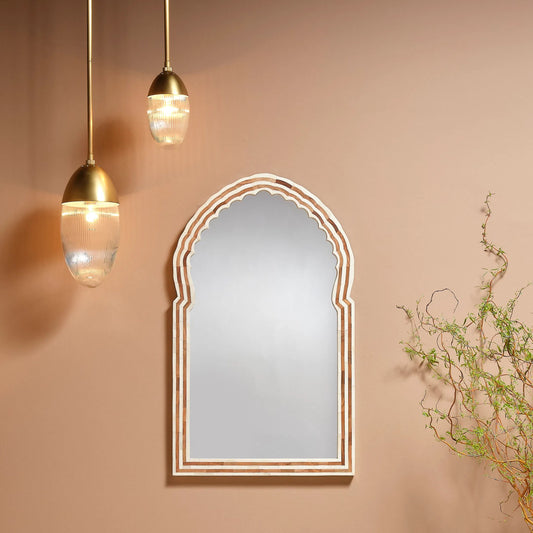 Bardot Bone & Wood Mirror by Jamie Young in natural. Made from acacia wood, buffalo bone, glass mirror, mdf in a modern style.