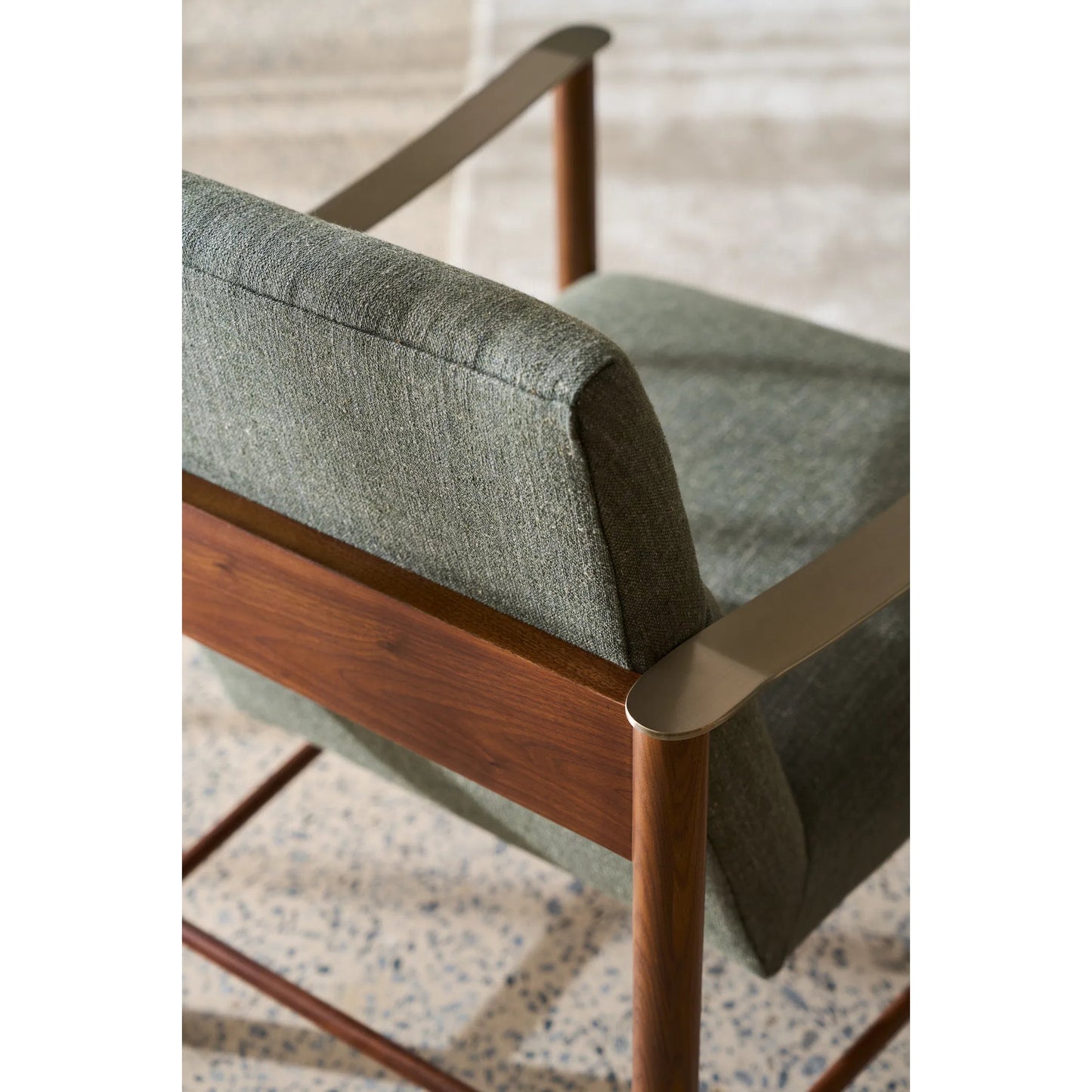 006 SI-2370838 | Closeup | Slant Accent Chair by Caracole in eucalyptus linen and retro walnut, champagne gold. Made from unique in a eclectic & global style.
