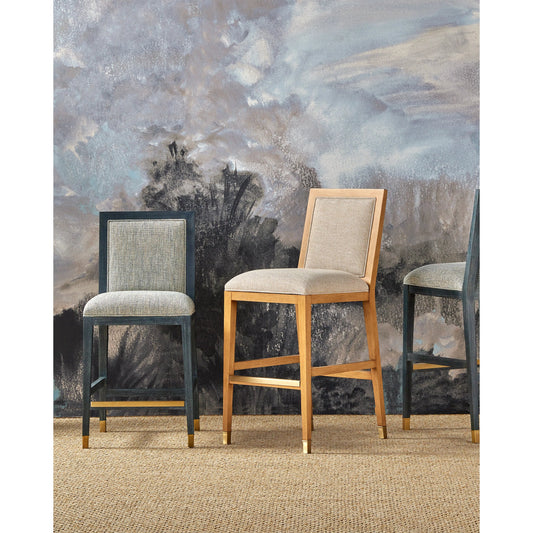 Santos Bar Stool by Currey and Company. Made from mahogany, rattan, brass in a modern style.