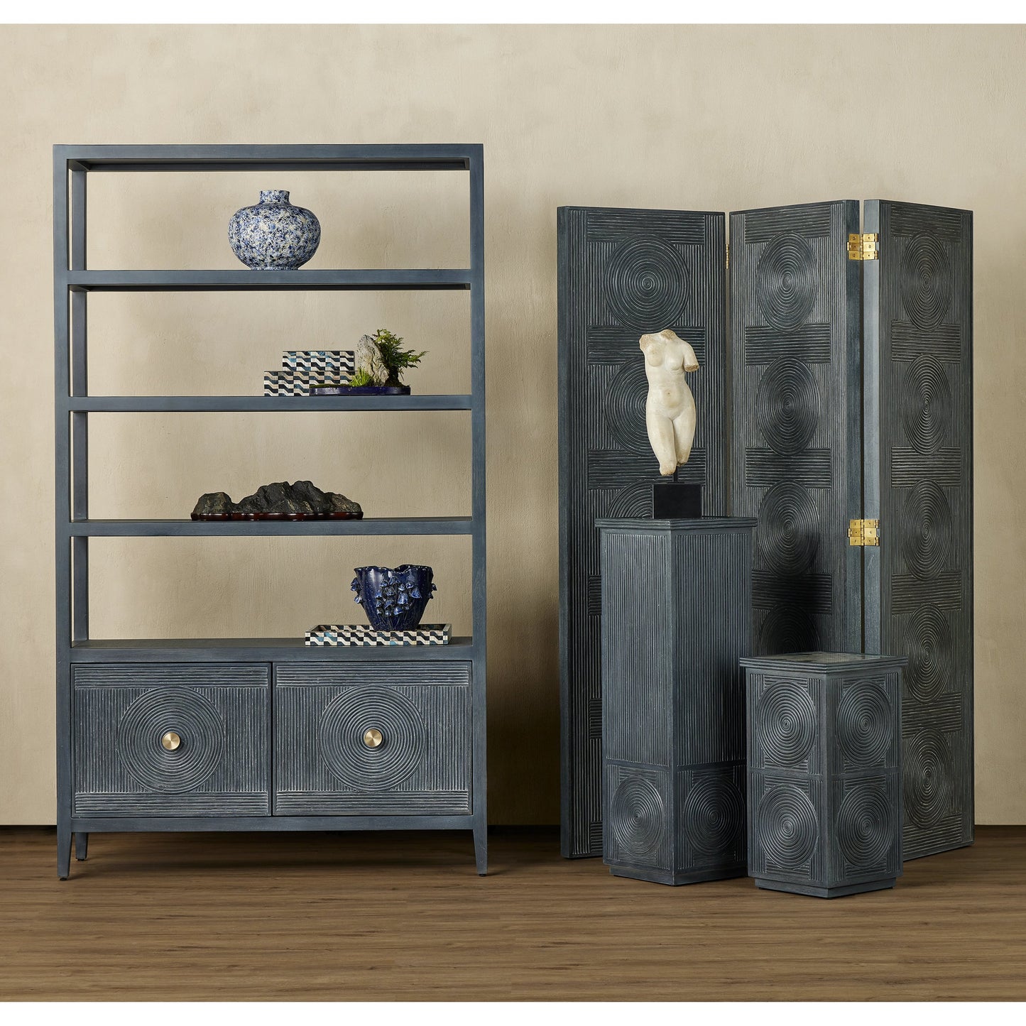 012 SI-2134072 | Lifestyle | Santos Storage Etagere by Currey and Company in vintage navy, brushed brass. Made from rattan, mahogany, grasscloth, brass in a transitional style.