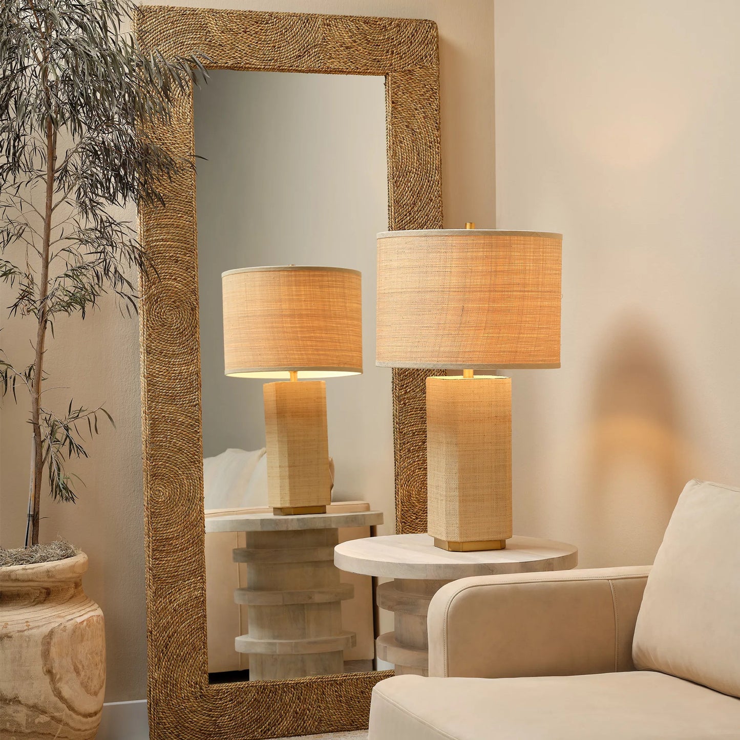 007 SI-1782496 | Lifestyle | Harbor Floor Mirror by Jamie Young in natural seagrass. Made from seagrass in a coastal style.