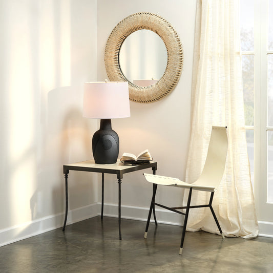 Hollis Round Mirror by Jamie Young. Made from corn leaf rope, metal and glass in a cottage & farmhouse style.