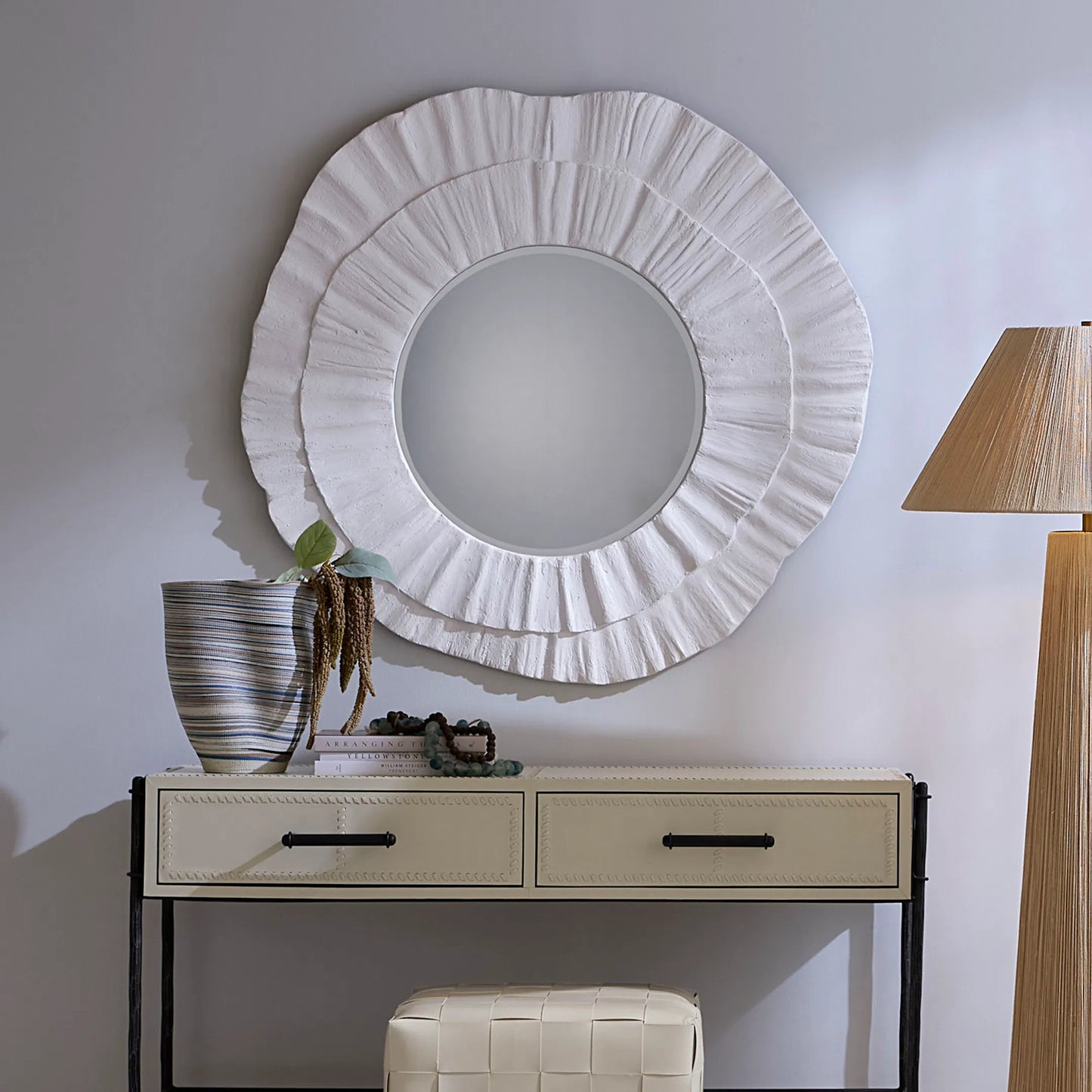004 SI-2320386 | Lifestyle | Millstone Mirror by Jamie Young in white and matte white. Made from resin, metal: iron, mdf, mirror in a modern style.