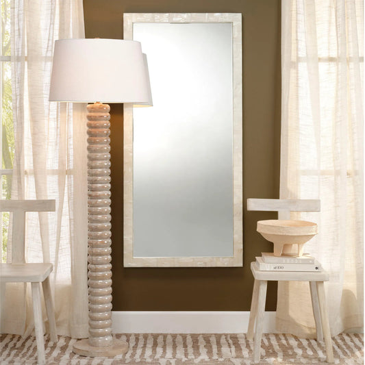Monroe Rectangle Floor Mirror by Jamie Young in natural. Made from mother of pearl, acrylic, glass mirror, mdf in a modern style.