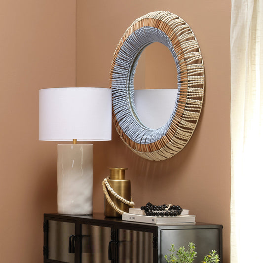 Native Beaded Mirror by Jamie Young in natural, blue. Made from mango wood in a cottage & farmhouse style.