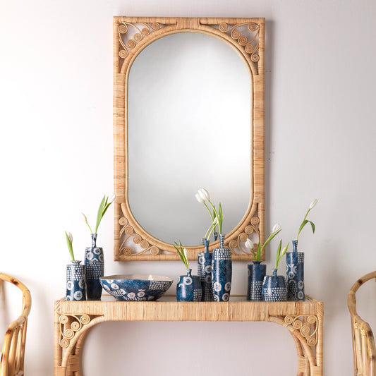 Primrose Mirror by Jamie Young. Made from rattan in a cottage & farmhouse style.