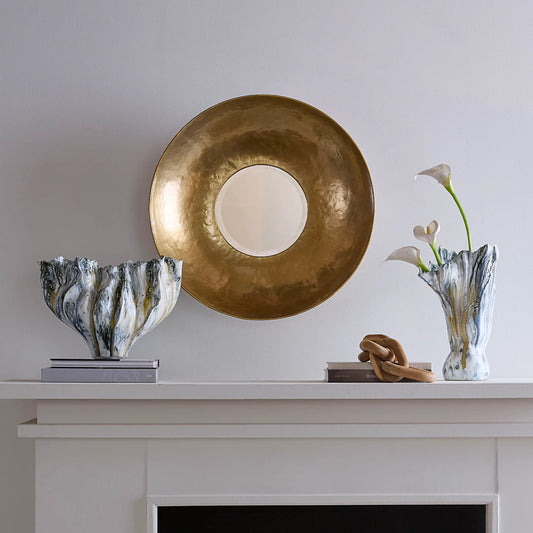 Theia Mirror by Jamie Young in gold and hammered gold. Made from metal: iron, mdf, mirror in a modern style.