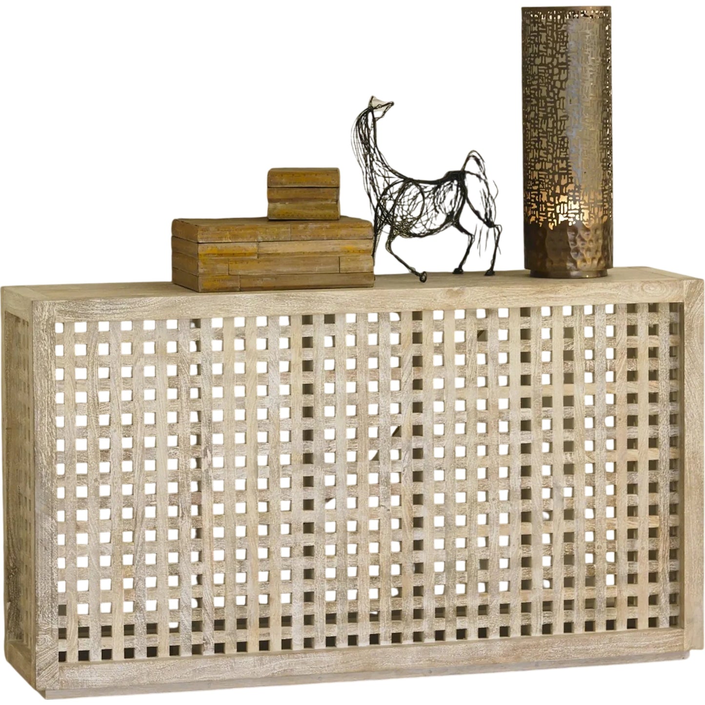 001 SR-701107 | Primary Silo | Driftwood Lattice Console by Global Views in white washed. Made from mango in a coastal style.