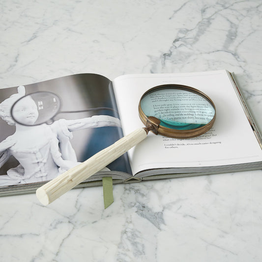 Chiseled Bone Magnifying Glass by Global Views. Made from buffalo bone, brass in a transitional style.