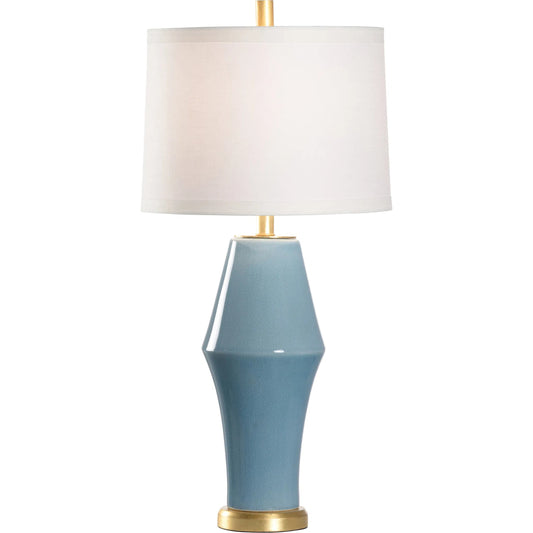 St Michael Lamp by Chelsea House in blue, gold and light blue crackled glaze, antique gold leaf. Made from unique in a modern style.