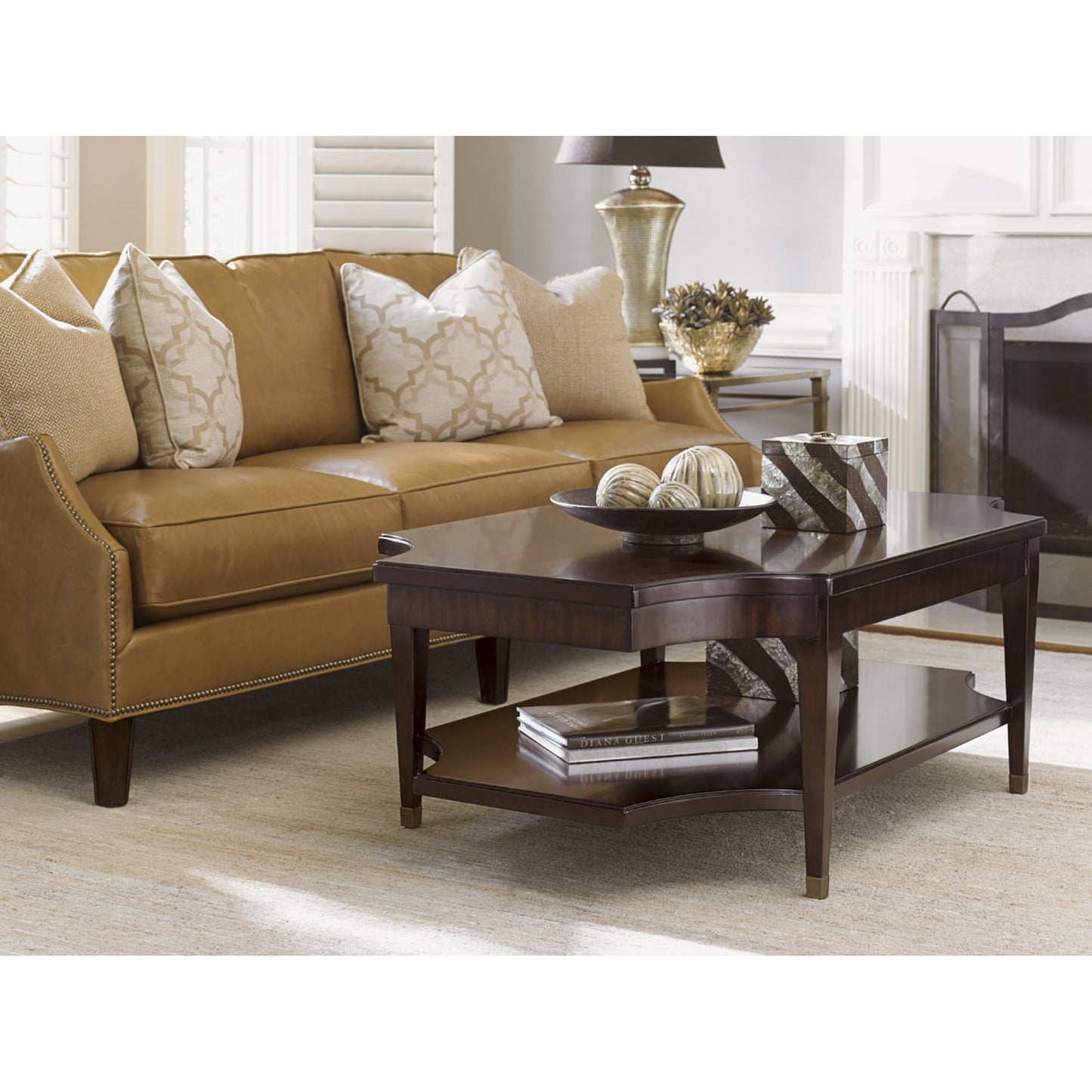 003 SR-835620 | Lifestyle | Richmond Rectangular Cocktail Table by Lexington in ribbon stripe mahogany. Made from unique in a traditional style.