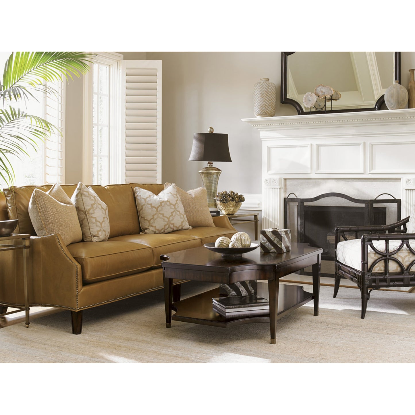 006 SR-835620 | Lifestyle | Richmond Rectangular Cocktail Table by Lexington in ribbon stripe mahogany. Made from unique in a traditional style.