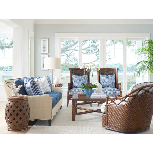 Koko Sofa by Tommy Bahama Home in beige, tan, blue and brown. Made from maple, fabric in a unique style.
