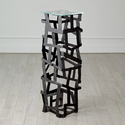 Fragments Pedestal by Global Views in blackened iron. Made from iron, tempered glass in a modern style.