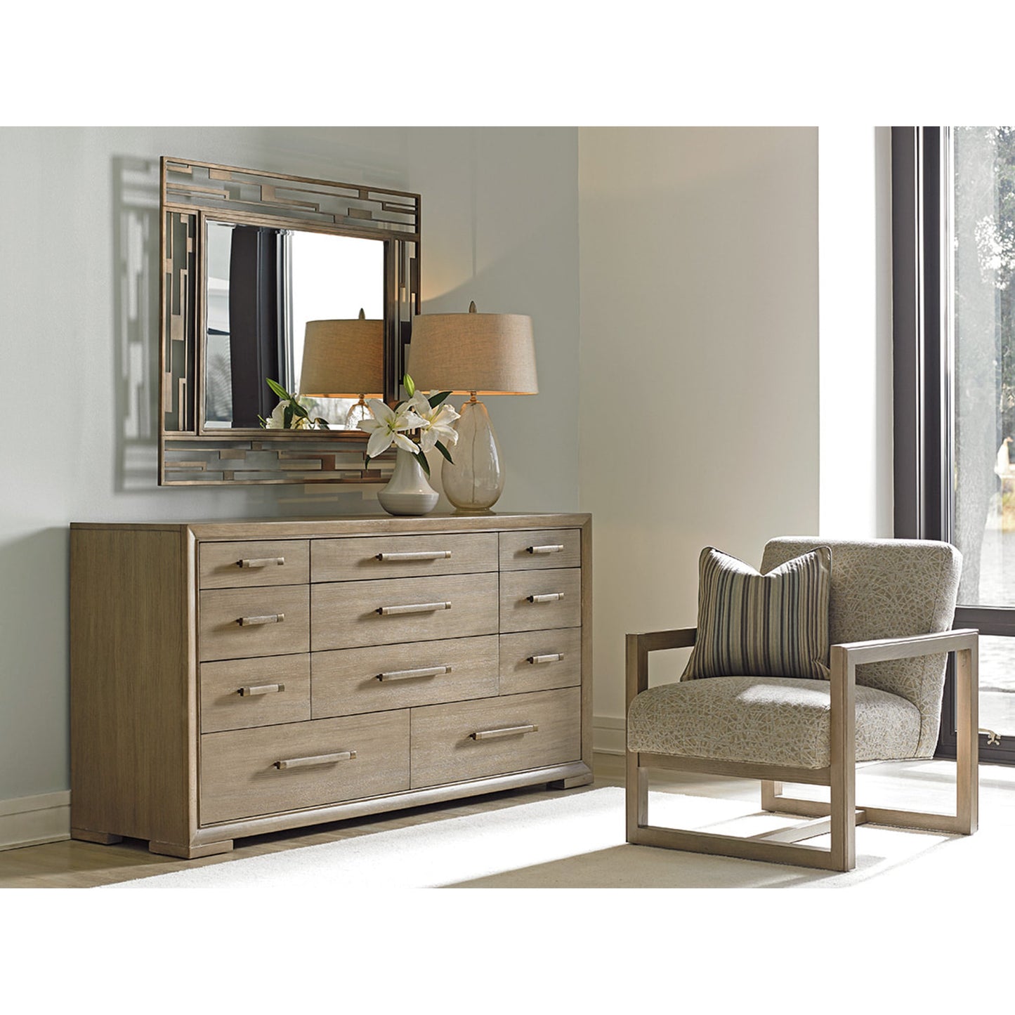 005 SR-835724 | Lifestyle | Studio Metal Mirror by Lexington in burnished silver leaf. Made from unique in a transitional style.