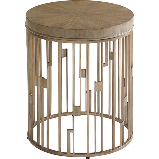 Studio Round Accent Table by Lexington in burnished silver leaf. Made from unique in a transitional style.