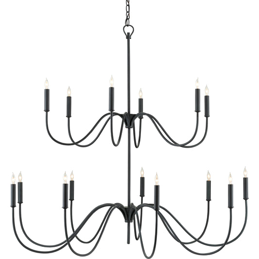 Tirrell Chandelier by Currey and Company in antique black. Made from wrought iron in a modern style.