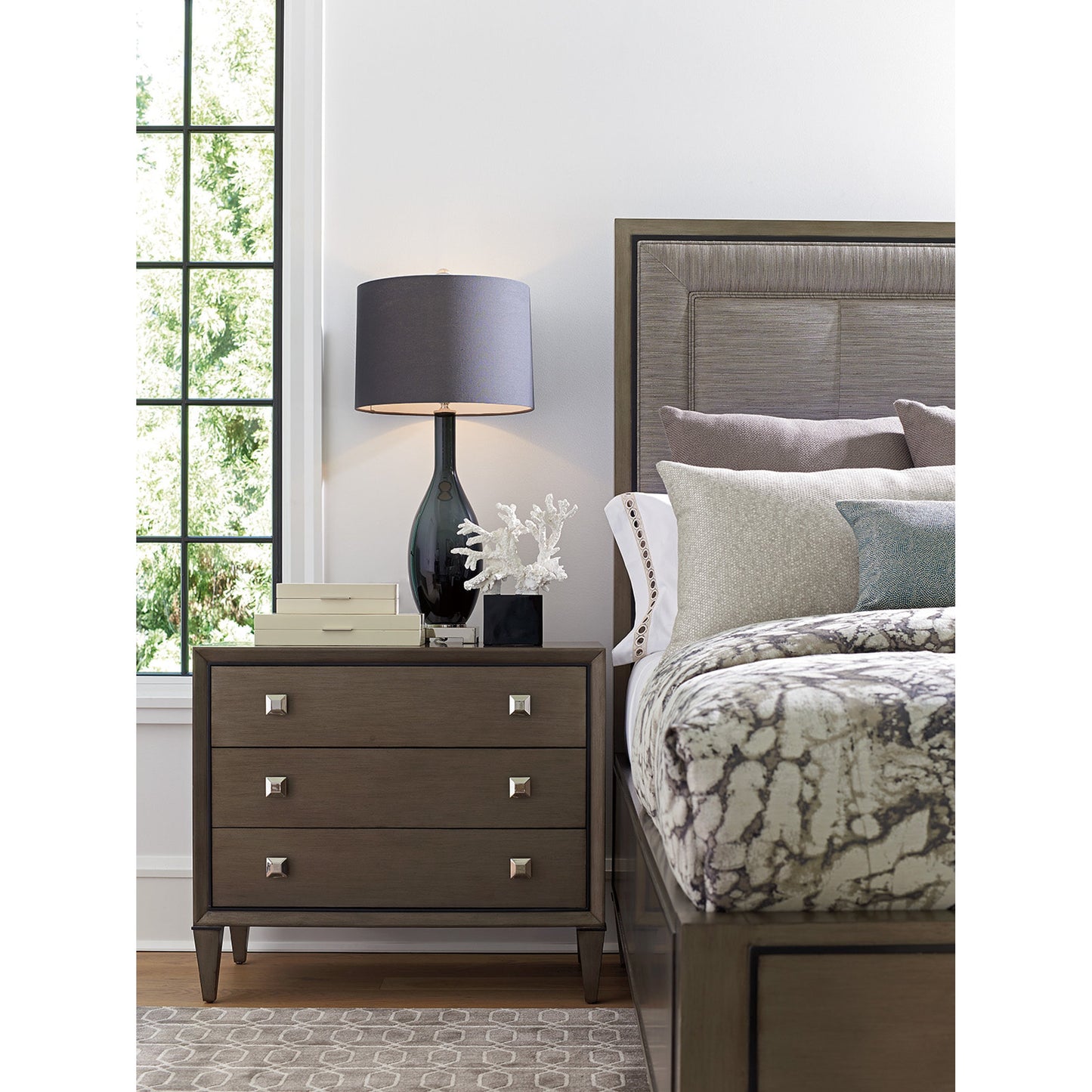 003 SR-835581 | Lifestyle | Paloma Nightstand by Lexington in platinum silver gray. Made from unique in a transitional style.
