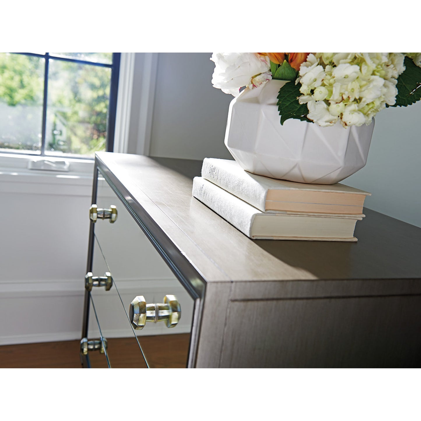 002 SR-835309 | Additional Silo | Divonne Mirrored Nightstand by Lexington in silver gray. Made from unique in a transitional style.