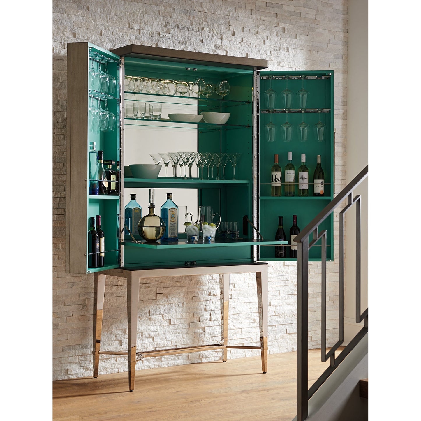 005 SR-835256 | Lifestyle | Cheval Bar Cabinet by Lexington in silver gray. Made from unique in a transitional style.
