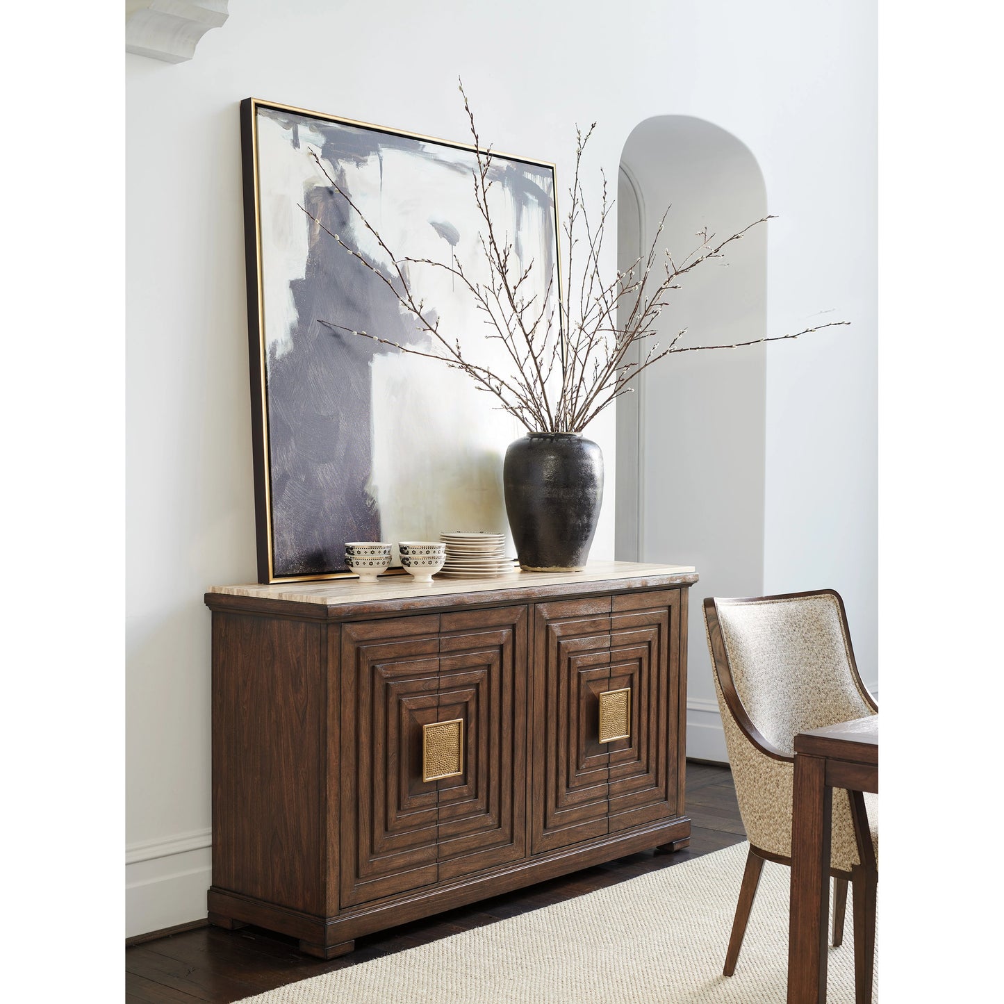 005 SI-1962797 | Lifestyle | Los Gatos Buffet with Stone Top by Lexington in walnut. Made from unique in a transitional style.
