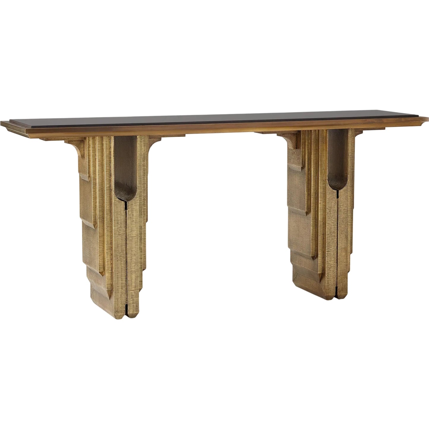 000 SI-2446048 | Primary Silo | Layered Deco Console by Global Views in brass, black. Made from mdf, brass sheeting, granite in a modern style.