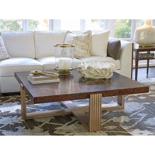 Holloway Square Cocktail Table by Lexington. Made from walnut, metal in a modern style.