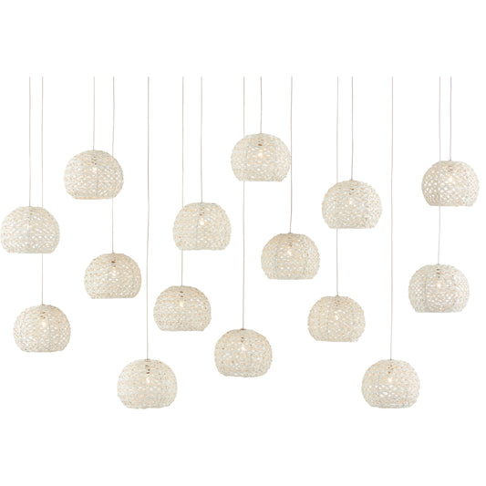 Piero Rectangular 15-LIGHT Multi-Drop Pendant by Currey and Company in white, painted silver. Made from metal in a coastal style.