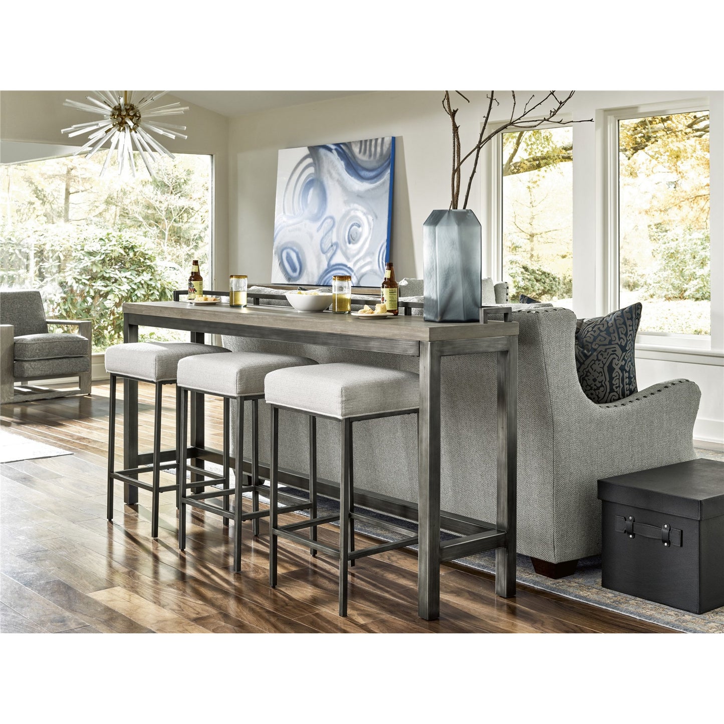 007 SR-813262 | Lifestyle | Curated Mitchell Console with Stools by Universal Furniture in antique pewter and greystone. Made from unique in a modern style.