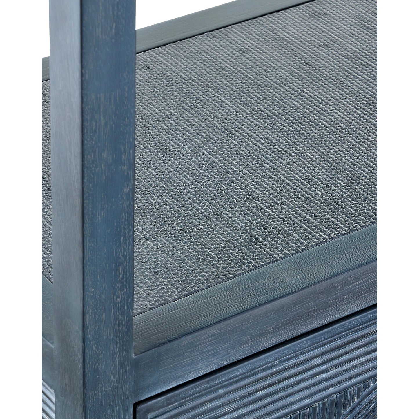 007 SI-2134072 | Additional Silo | Santos Storage Etagere by Currey and Company in vintage navy, brushed brass. Made from rattan, mahogany, grasscloth, brass in a transitional style.