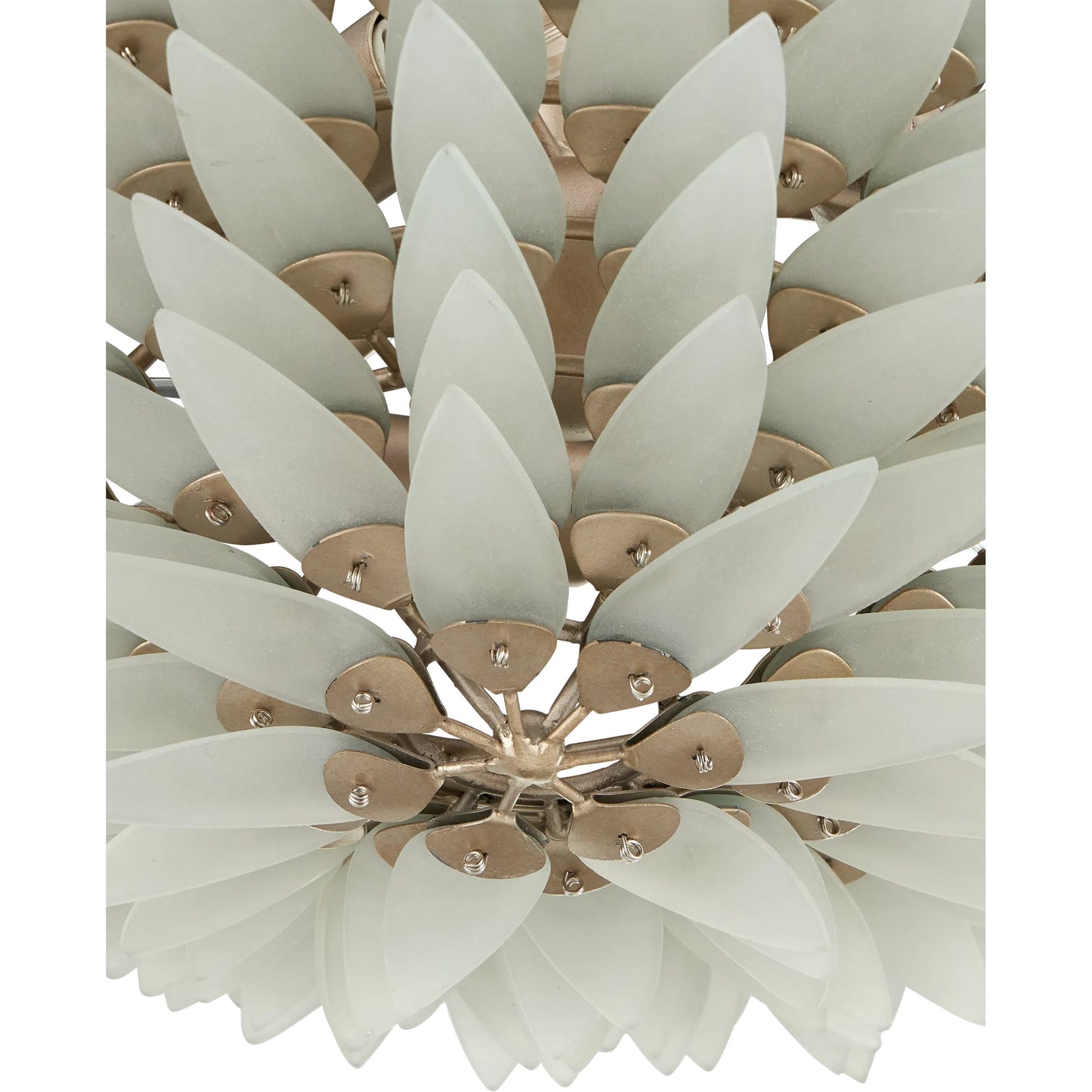 001 SI-2387011 | Closeup | Dahlia Semi-Flush Mount by Currey and Company in frosted, contemporary silver. Made from recycled glass, wrought iron in a modern style.