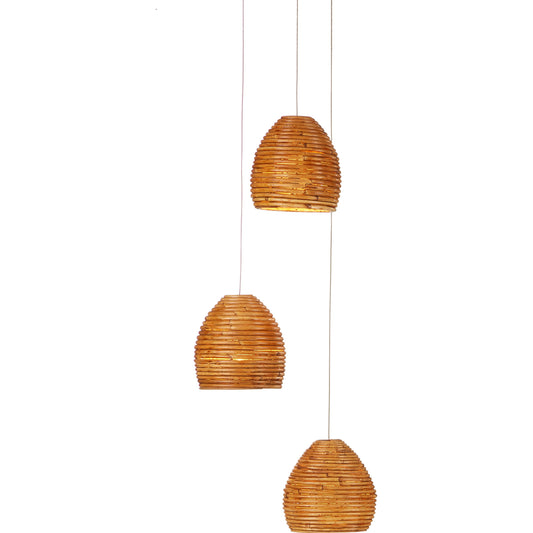 001 SI-1923820 | Primary Silo | Beehive 3-LIGHT Multi-Drop Pendant by Currey and Company in natural rattan, silver. Made from rattan, wood in a modern style.