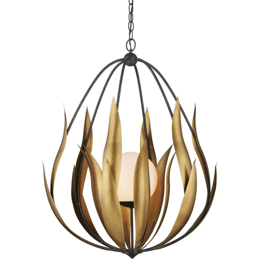 Endymion Chandelier by Currey and Company in aged steel, brass, white. Made from wrought iron, glass in a modern style.