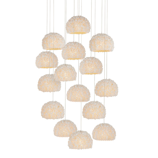 Virtu 15-Light Round Multi-Drop Pendant by Currey and Company in natural, silver. Made from clamrose shell, metal, composite in a modern style.