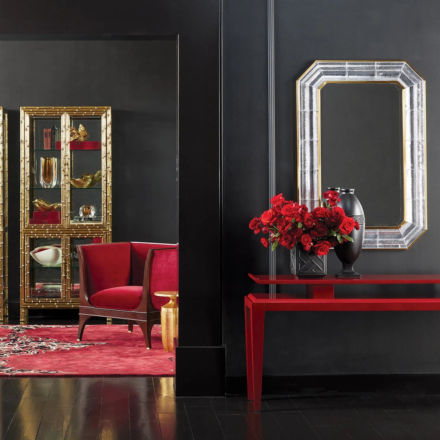 006 SI-2323239 | Lifestyle | Cast Glass Mirror by Global Views in red and brass. Made from unique in a unique style.
