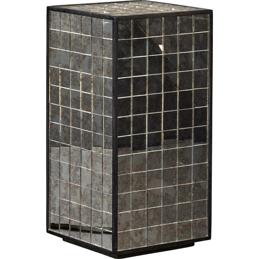 Mosaico Pedestal by Currey and Company in ebony, antique mirror. Made from mango wood, glass in a modern style.