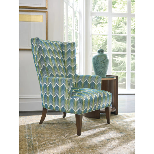 Brockton Wing Chair by Lexington in blue, green and brown. Made from walnut, fabric in a unique style.