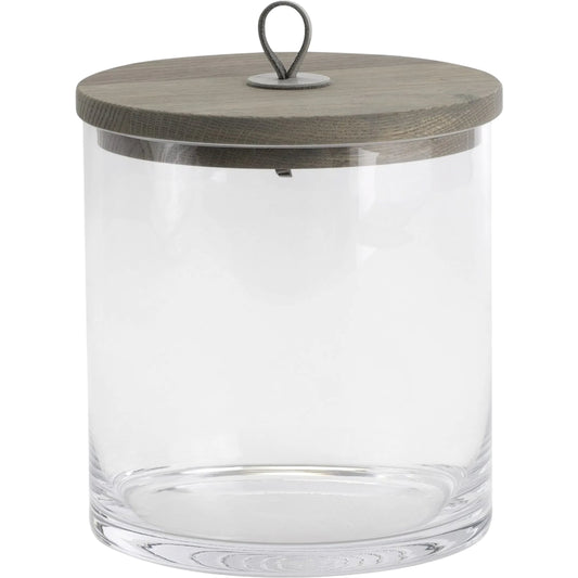 Rustic Canister by Global Views. Made from oak, glass, leather in a transitional style.