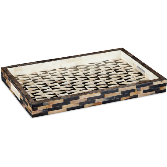 Aldo Tray by Currey and Company in natural, black, white. Made from horn, bone, chiseled horn in a modern style.