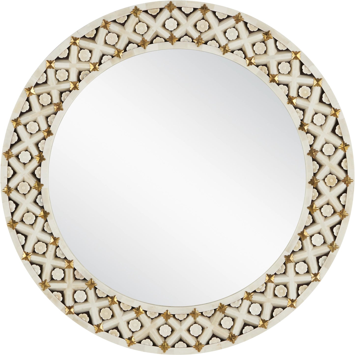 002 SI-2007737 | Primary Silo | Ellaria Round Mirror by Currey and Company in natural, brass. Made from bone, brass, glass, engineered wood in a modern style.